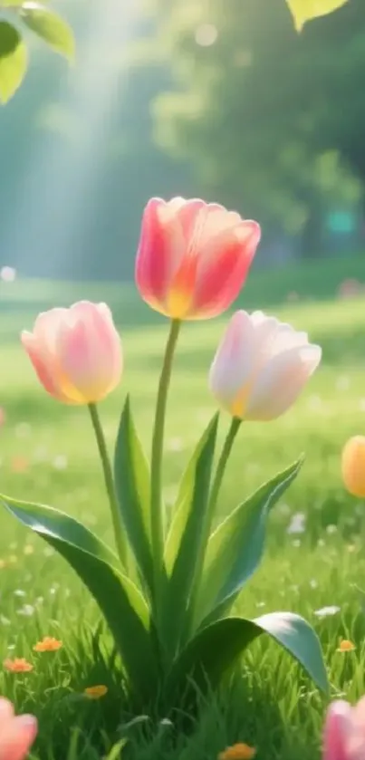 Radiant tulip blooms in a sunlit meadow, creating a serene and vibrant scene.