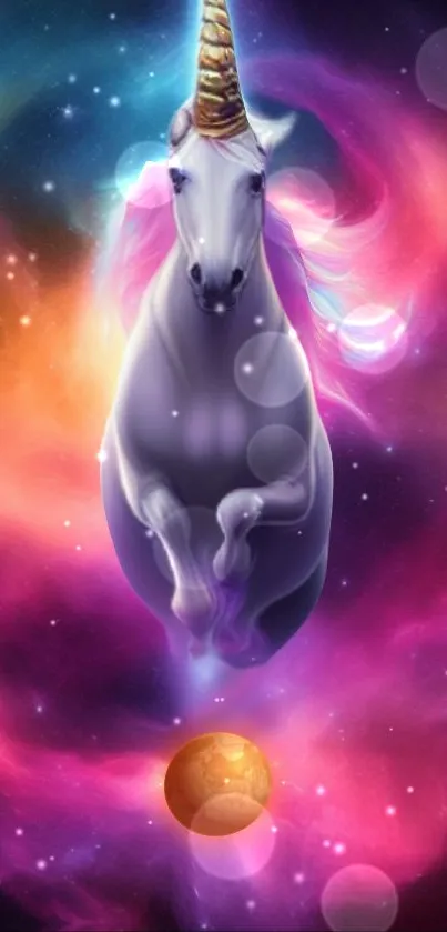 A unicorn amid vibrant cosmic colors, creating a fantasy-themed mobile wallpaper.