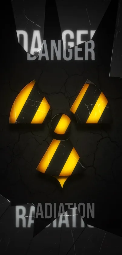 Radiation symbol on cracked dark background with yellow accents.