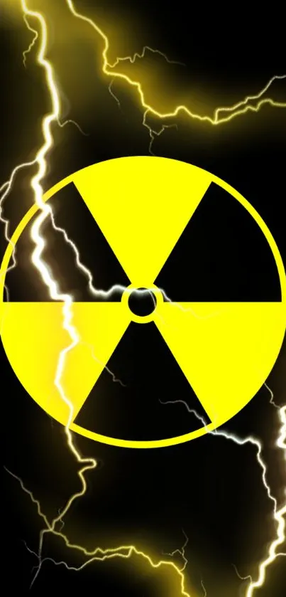 Yellow radiation symbol with lightning on black background.