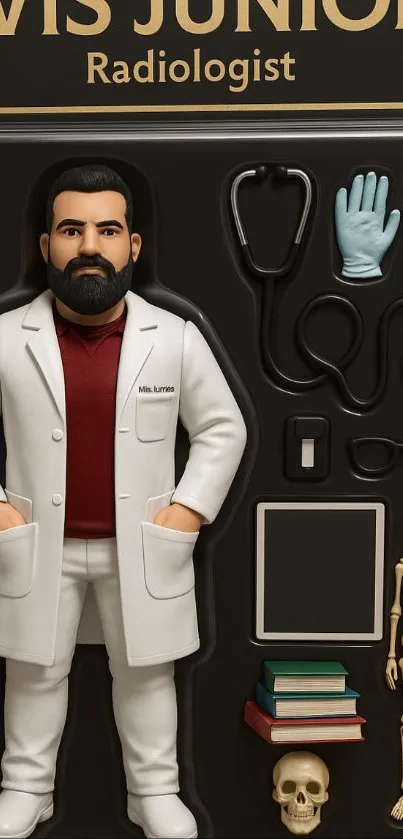 Artistic toy figure of a radiologist with medical tools.