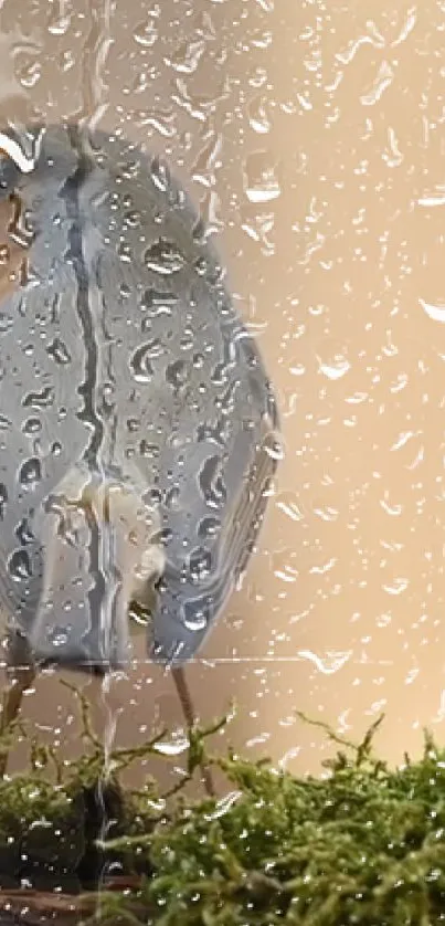 Bird behind rain-soaked glass with moss.