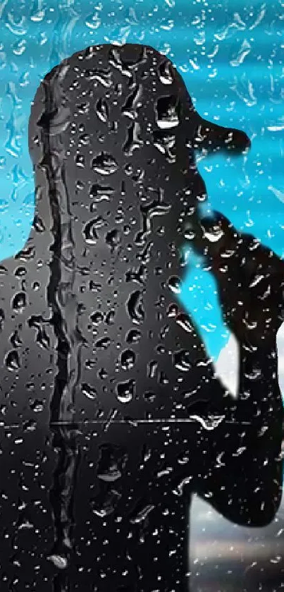 Silhouette of a singer behind rain-soaked glass with a blue background.