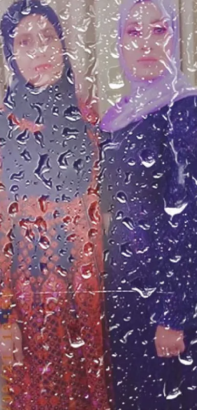 Wallpaper with rain effect on women in colorful hijabs.