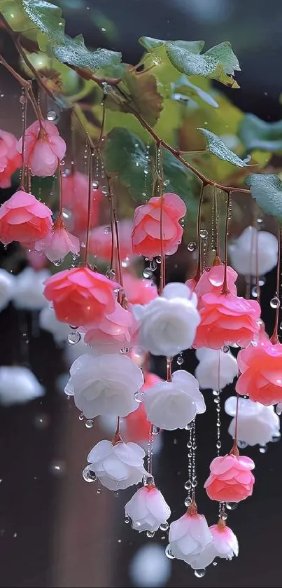 Pink and white blossoms with dewdrops on branches.