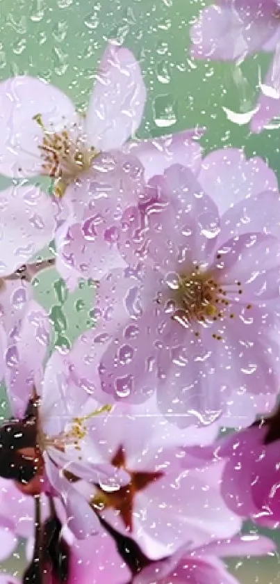 Cherry blossoms with raindrops on petals, in soft pink tones.