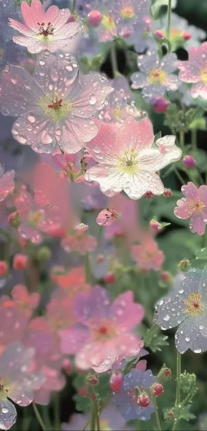 Close-up of vibrant flowers with raindrops, creating a dreamy, nature-inspired wallpaper.