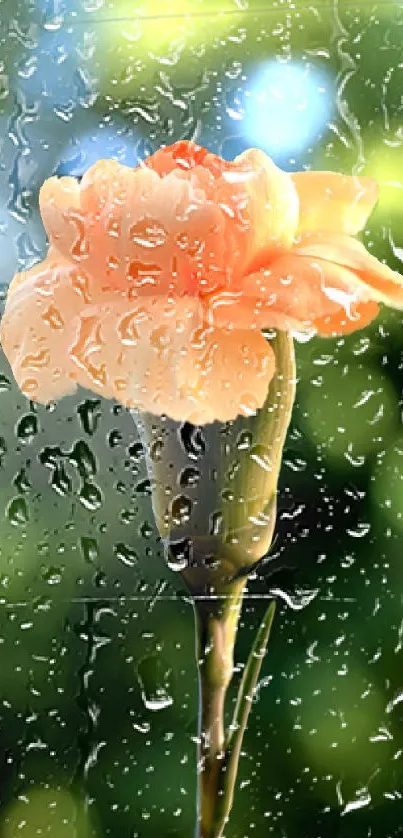 Peach flower with raindrops on window, green background.