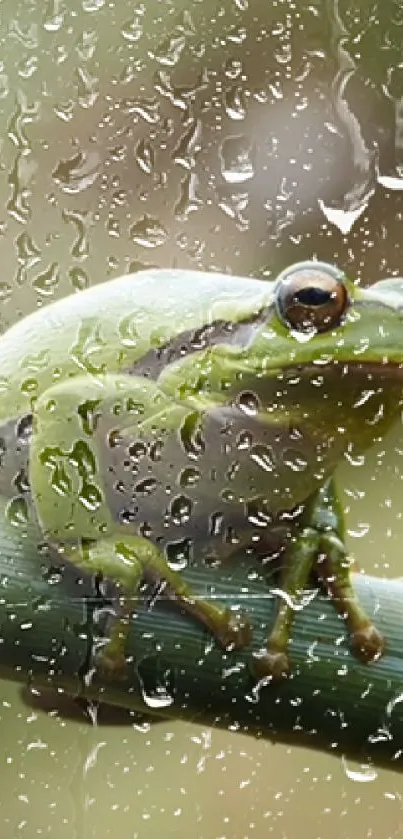 Green frog on leaf in the rain mobile wallpaper.