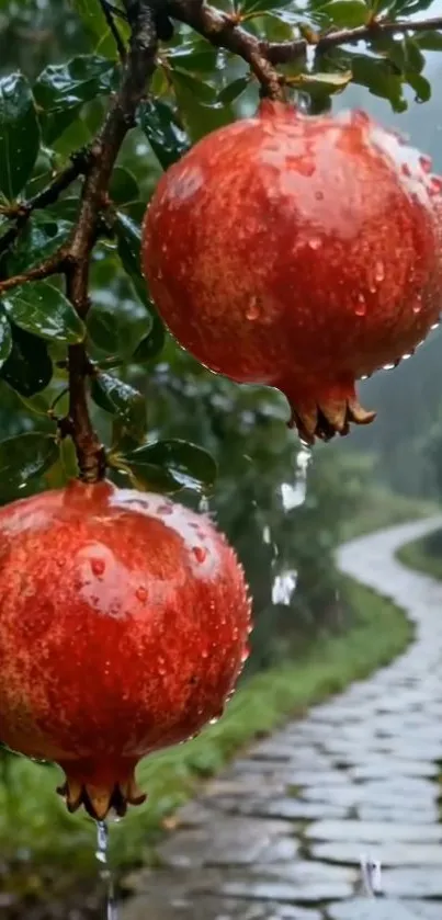 Rain-kissed pomegranates hanging over a rustic path.