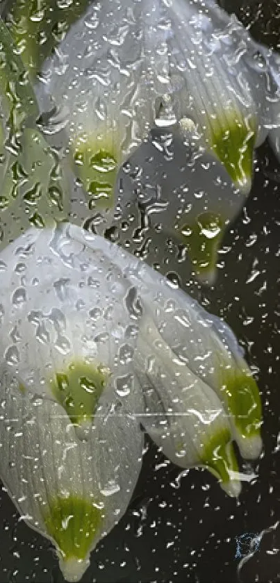 White flowers with rain droplets on a dark background, mobile wallpaper.