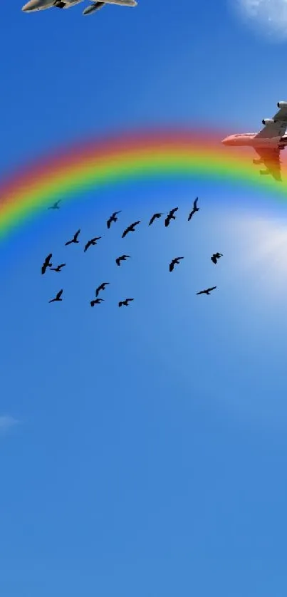 Aircrafts flying through a rainbow in a blue sky.