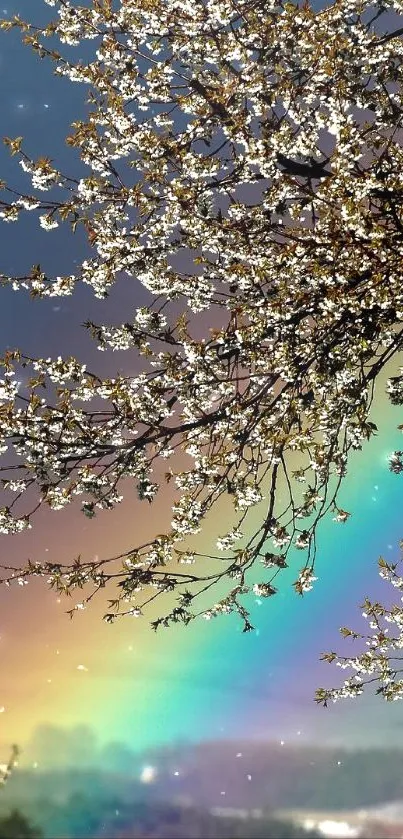 Rainbow crossing a dark sky, framed by blooming trees.