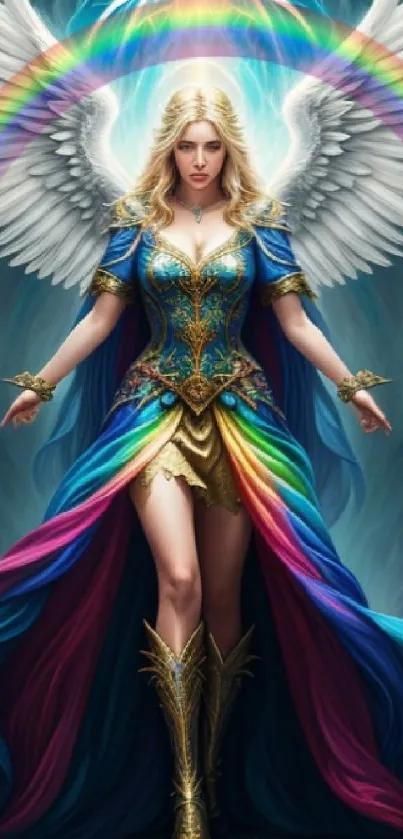 Fantasy art of an angel with rainbow wings and vibrant colors.