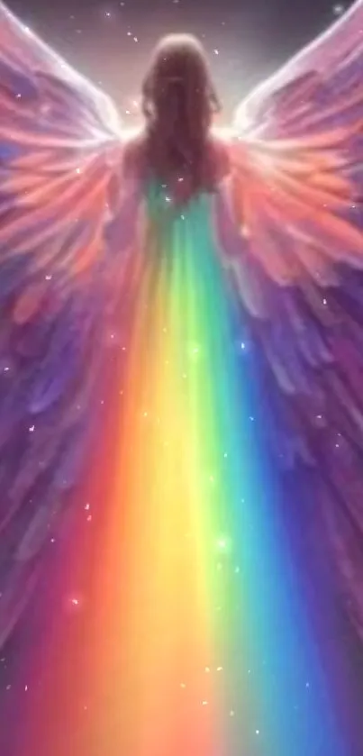 Ethereal angel with rainbow-colored wings on a mystical background.