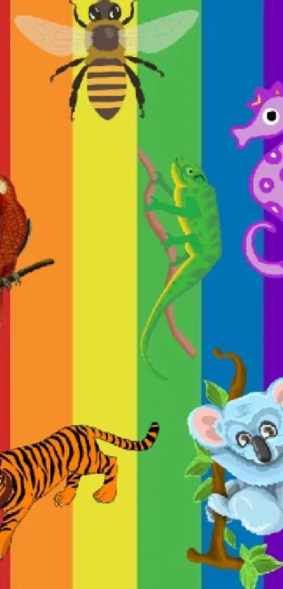 Colorful rainbow with animals like bee, parrot, and more on black background.