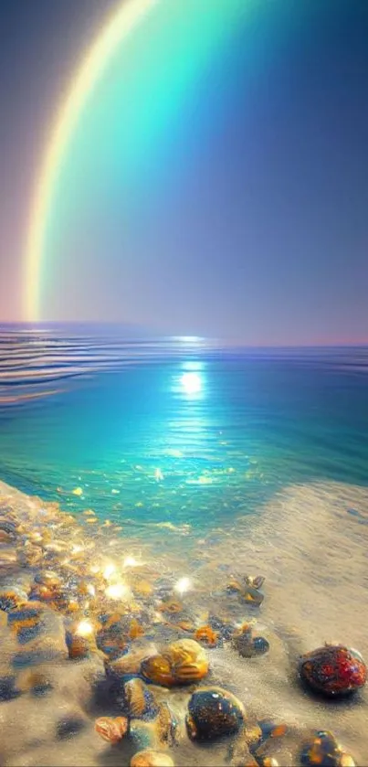 Magical rainbow arching over a peaceful beach scene in vibrant colors.