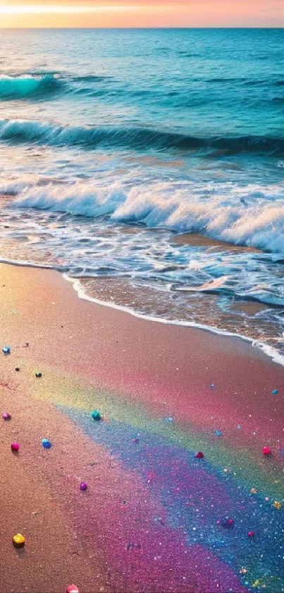 Colorful rainbow sunset on a tranquil beach with ocean waves.