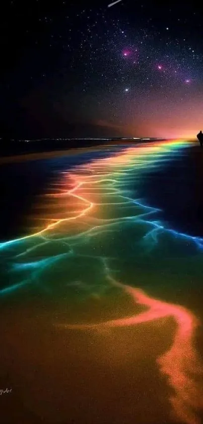 A beach with rainbow hues under a starry night sky.