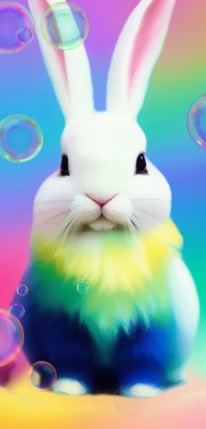 A cute white bunny with rainbow fur and bubbles in a colorful background.