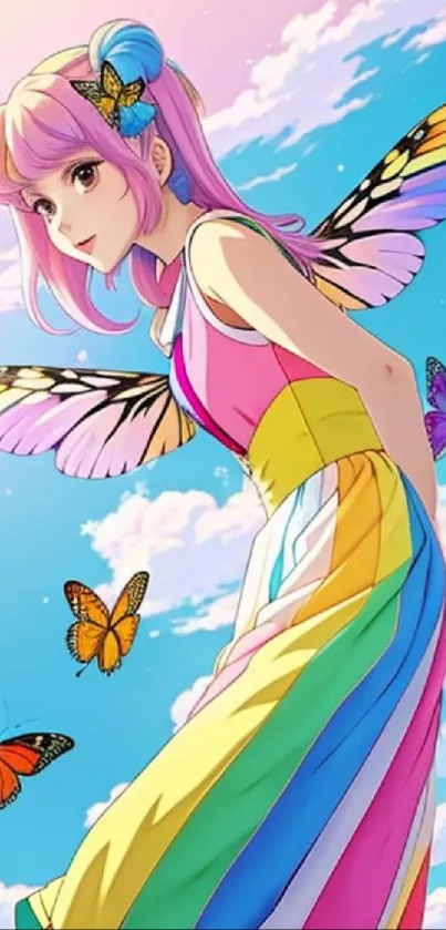 Digital art of a girl with butterfly wings and rainbow dress under a blue sky.