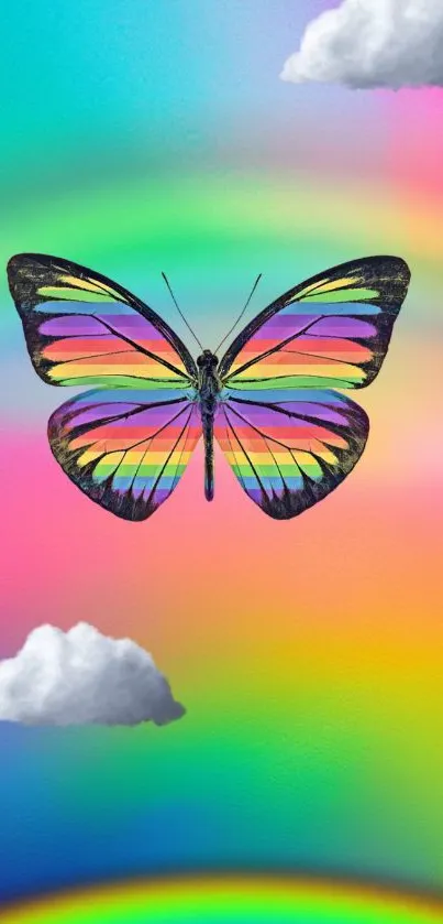Colorful butterfly against vibrant rainbow and clouds.