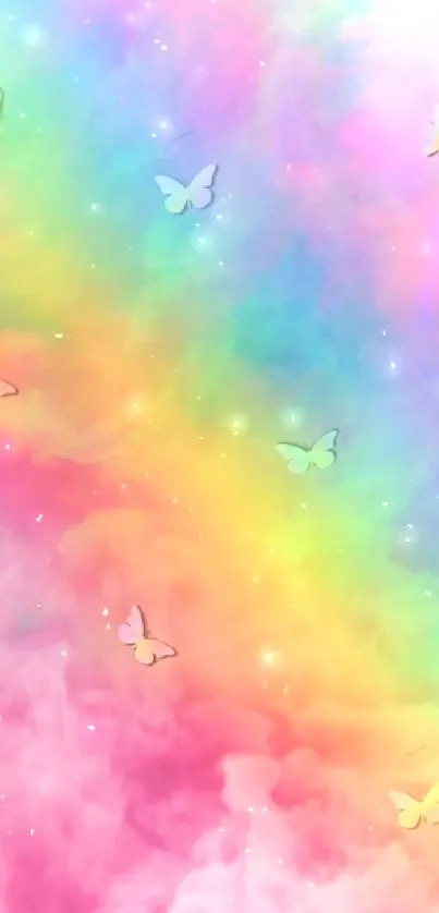 Colorful rainbow clouds with butterflies wallpaper.