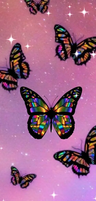 Colorful rainbow butterflies on a pink sparkling background.