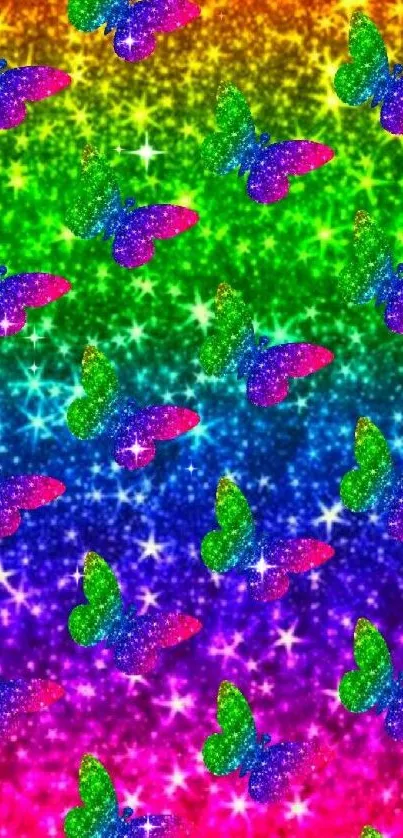 Mobile wallpaper with rainbow butterflies and sparkling stars.