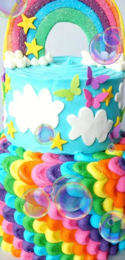 Colorful rainbow cake with stars and clouds.