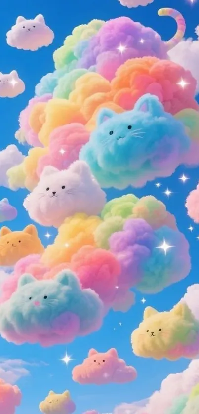 Colorful cat-shaped clouds in a blue sky.