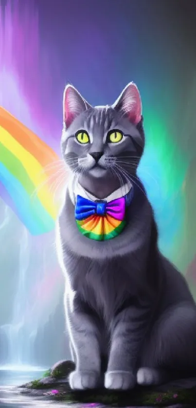 Gray cat with rainbow bowtie in a fantasy forest with vibrant colors and rainbow.