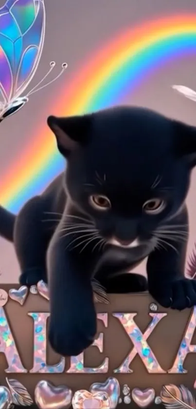 Black cat with a rainbow and butterfly in a fantasy scene wallpaper.