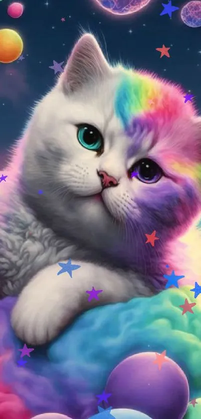 Rainbow-colored kitten in a galaxy background with cosmic elements.