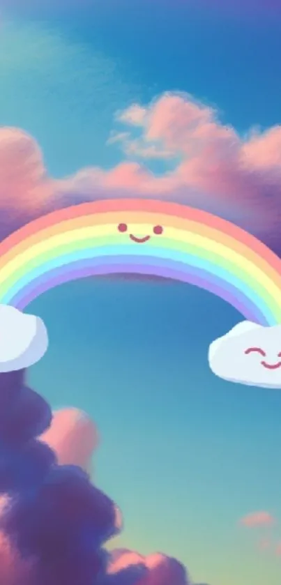 Cute rainbow with smiling clouds against a pastel sky.