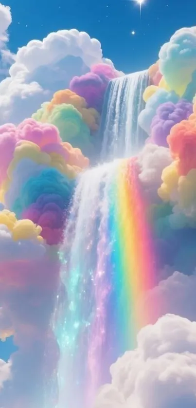 Dreamy rainbow waterfall cascading through colorful clouds.