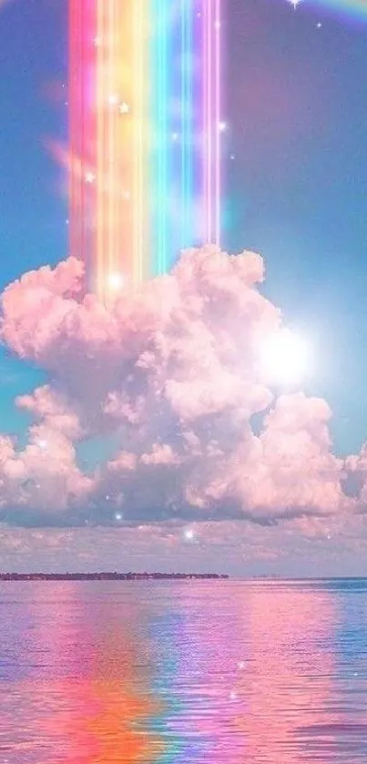 Dreamy rainbow clouds over a serene sea with sparkling stars.