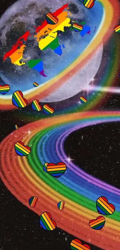 Vibrant cosmic wallpaper with rainbow rings and pride-themed hearts floating in space.