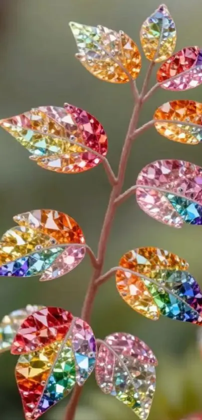 Colorful rainbow crystal leaf design wallpaper.