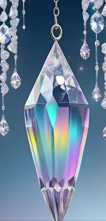 Colorful crystal prism hanging decoration with rainbow reflections.