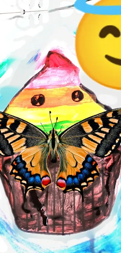 Whimsical rainbow cupcake with butterfly and cheerful emoji.