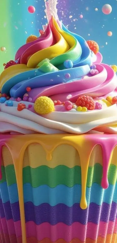 Colorful rainbow cupcake with vibrant icing.