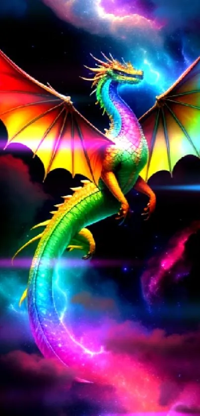 Colorful rainbow dragon flying in a cosmic backdrop with vibrant hues.