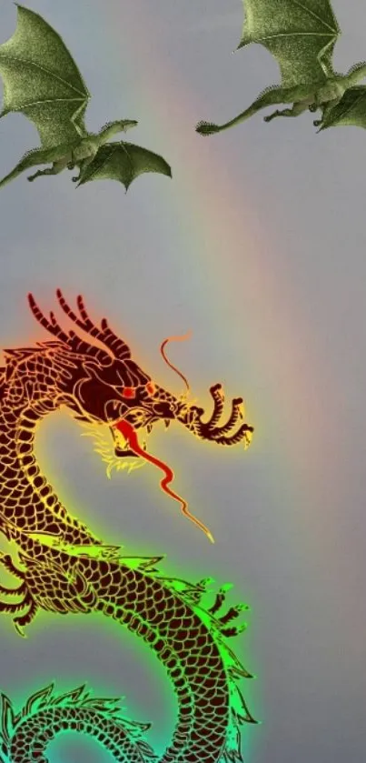 Colorful dragon and rainbow with flying dragons on a gray background.