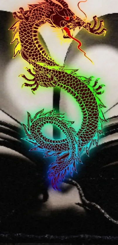 Colorful dragon over black and white background.