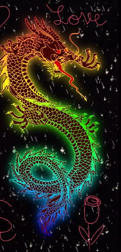 Rainbow dragon with cosmic love theme on black background.