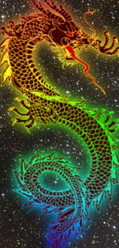 Rainbow-colored dragon on a starry black background.