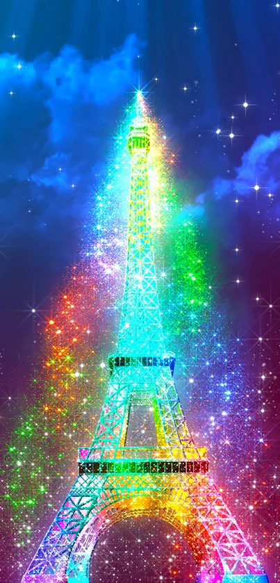 Vibrant rainbow Eiffel Tower with a fantasy background.