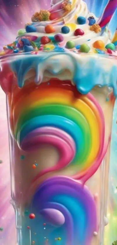 Colorful rainbow milkshake with candy decor creates a vibrant, fantasy aesthetic.