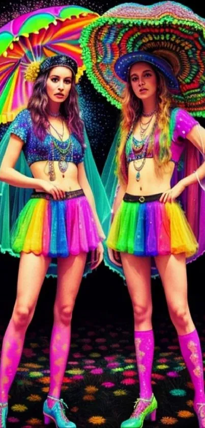 Two models in rainbow outfits with colorful umbrellas on a vivid background.